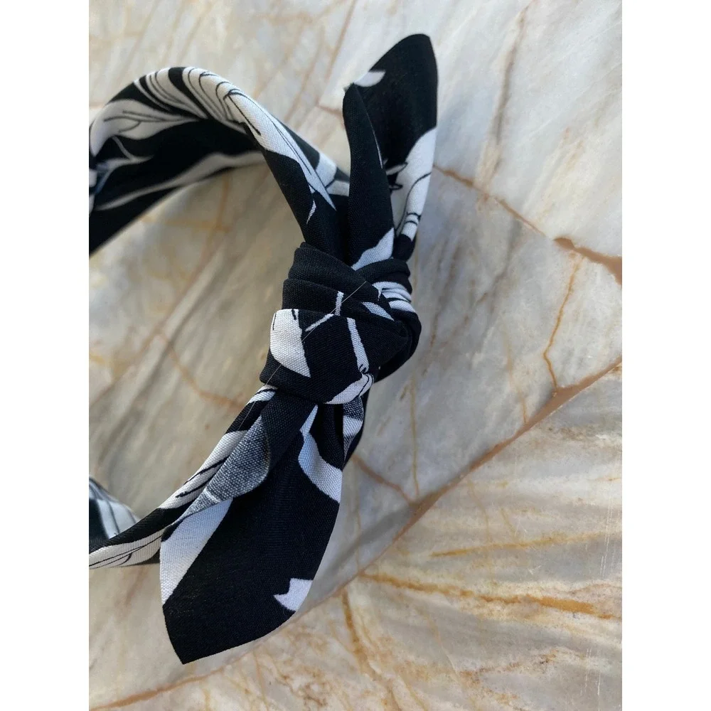 Black White Floral Top Knot Headband Fabric Wrapped Botanical Print Hair Band
